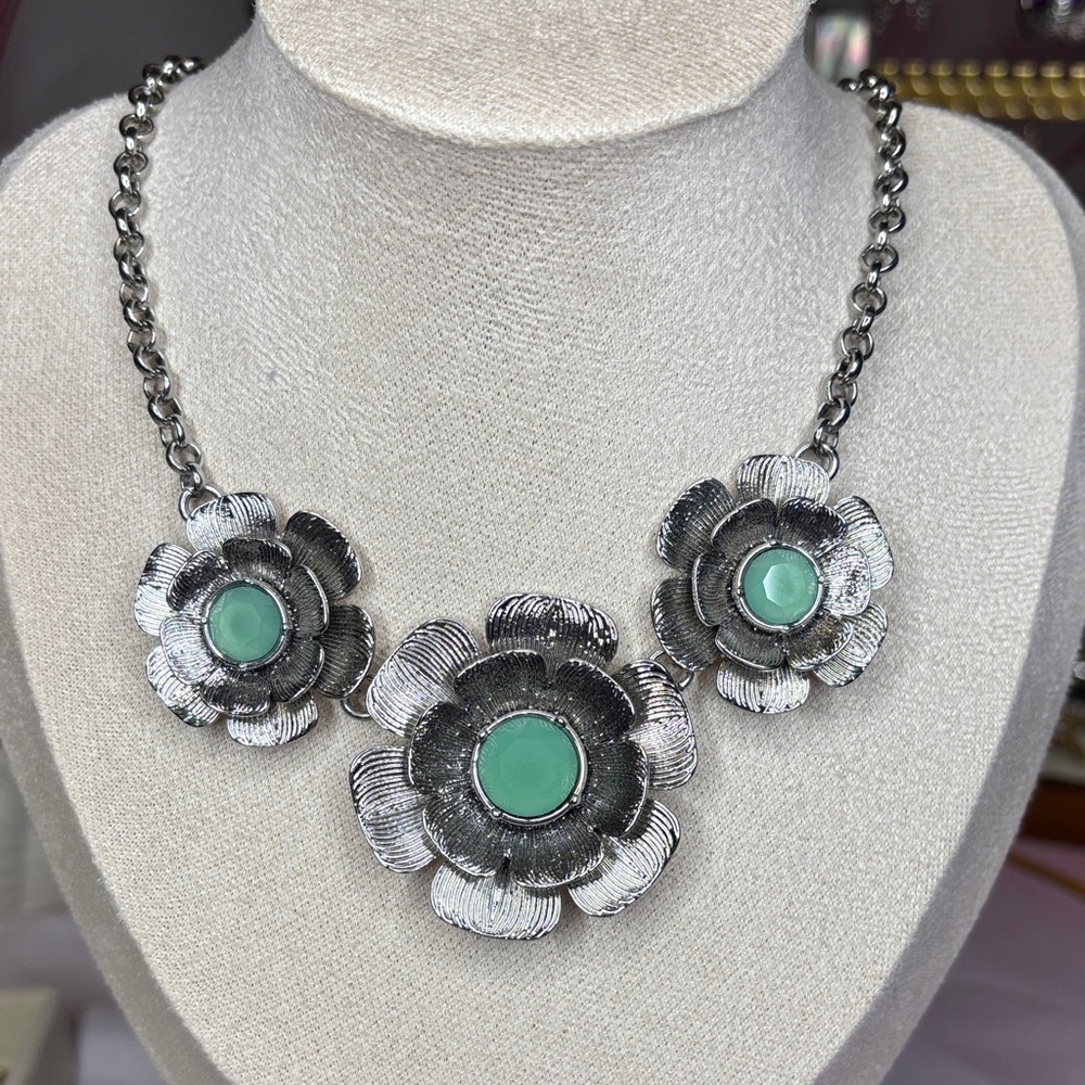 Lia Sophie Silver Floral Necklace with Mint Green Stone Accents
